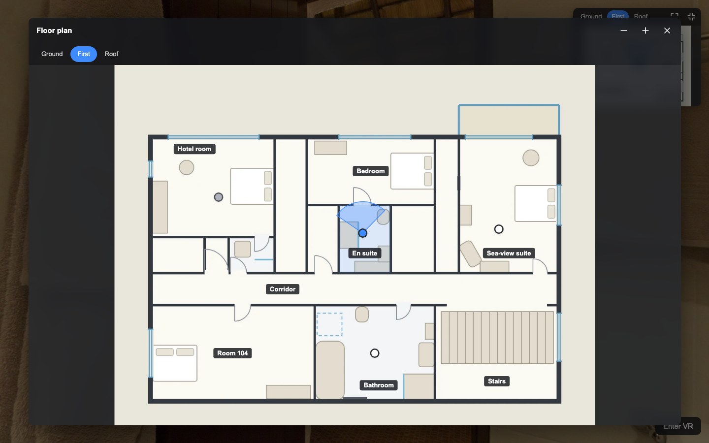 El plano ampliado de la 1.ª planta con nombres de habitación, puntos visitados y el radar.