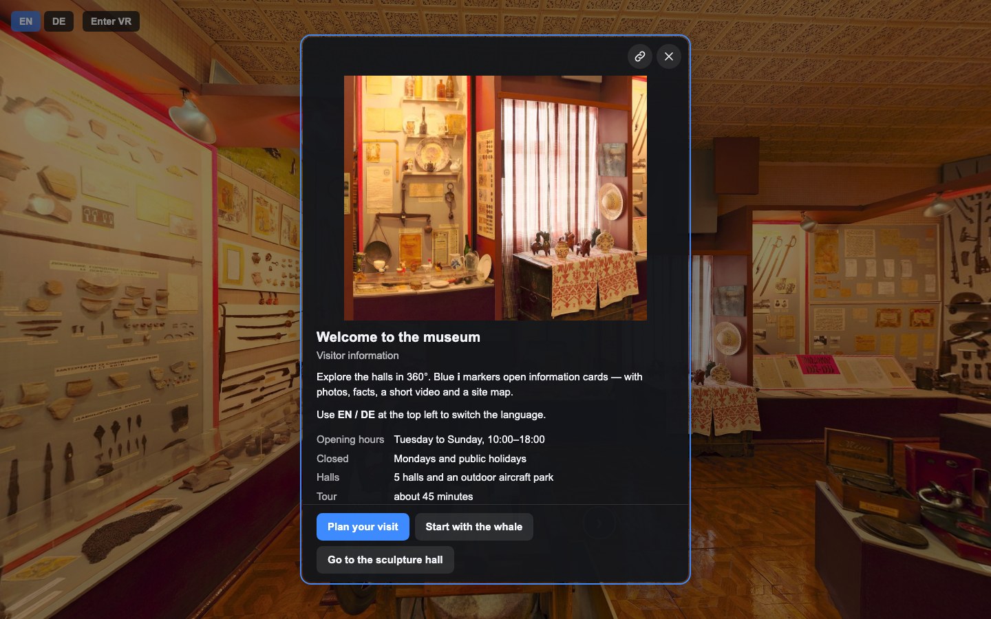 The welcome card as a centred window with opening hours and the Plan your visit button.