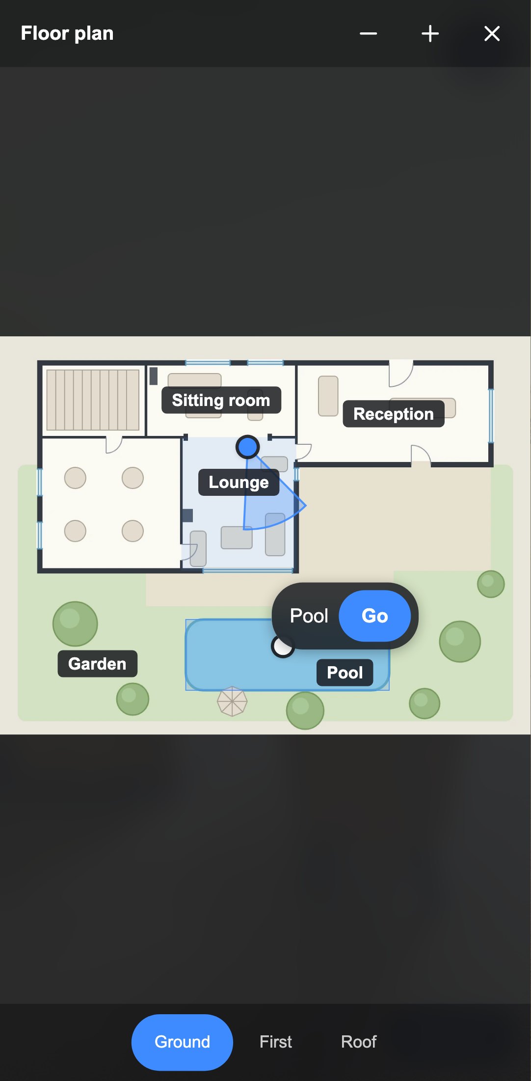 El plano a pantalla completa en un móvil: una habitación tocada con su botón Ir.